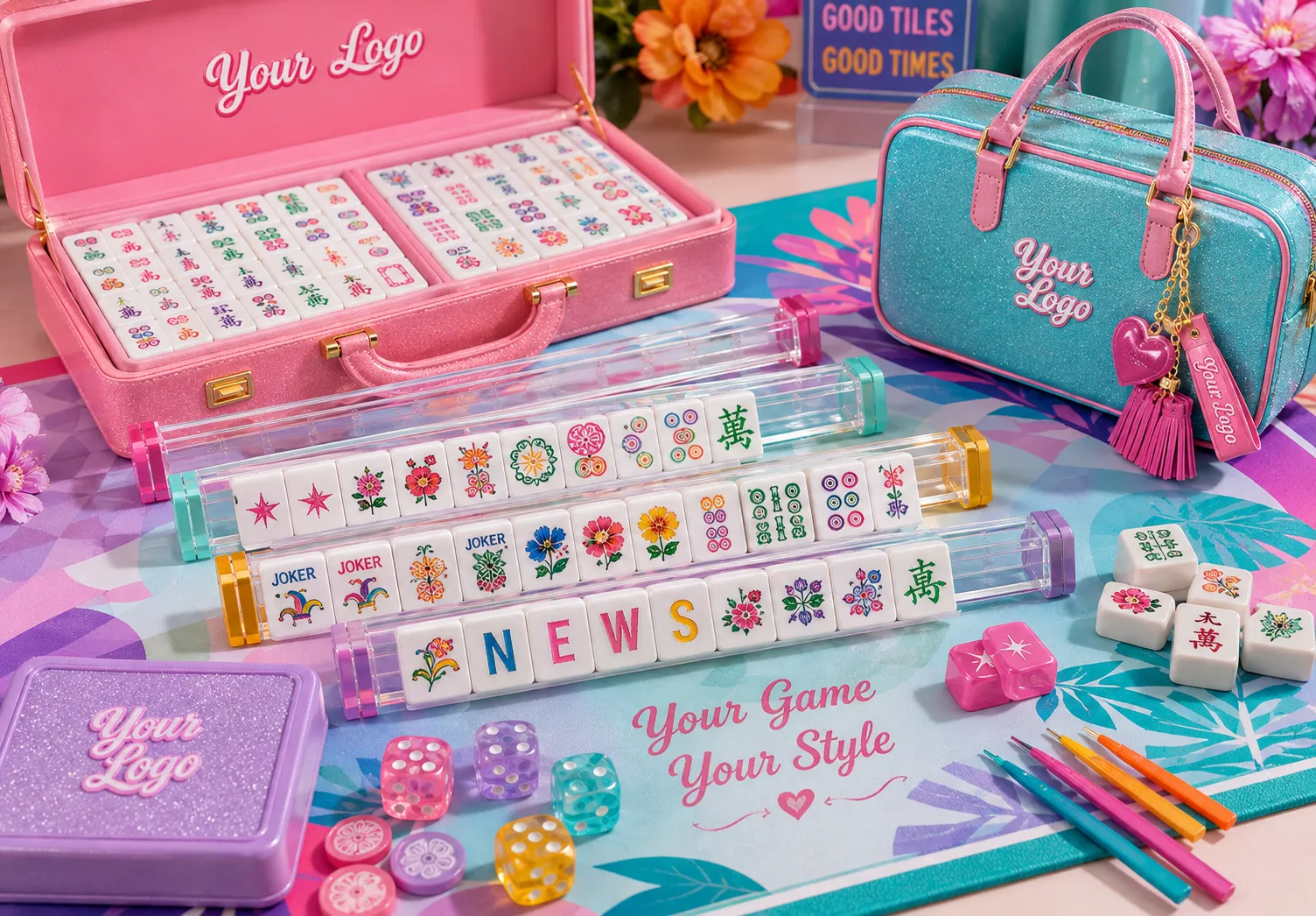 Complete custom American Mahjong set with branded tiles and accessories
