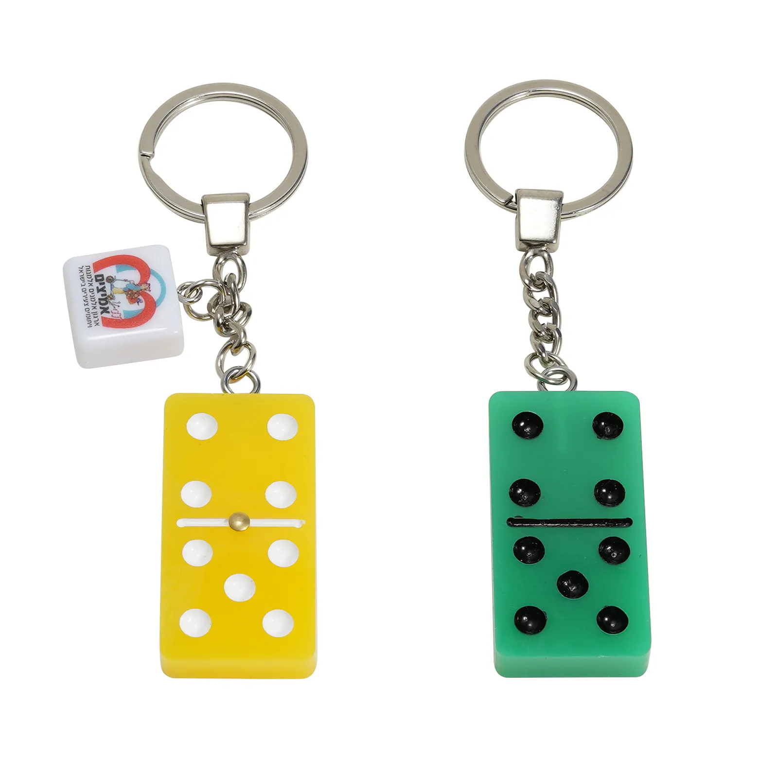 Domino Tile Keychain with Metal Chain and Key Ring