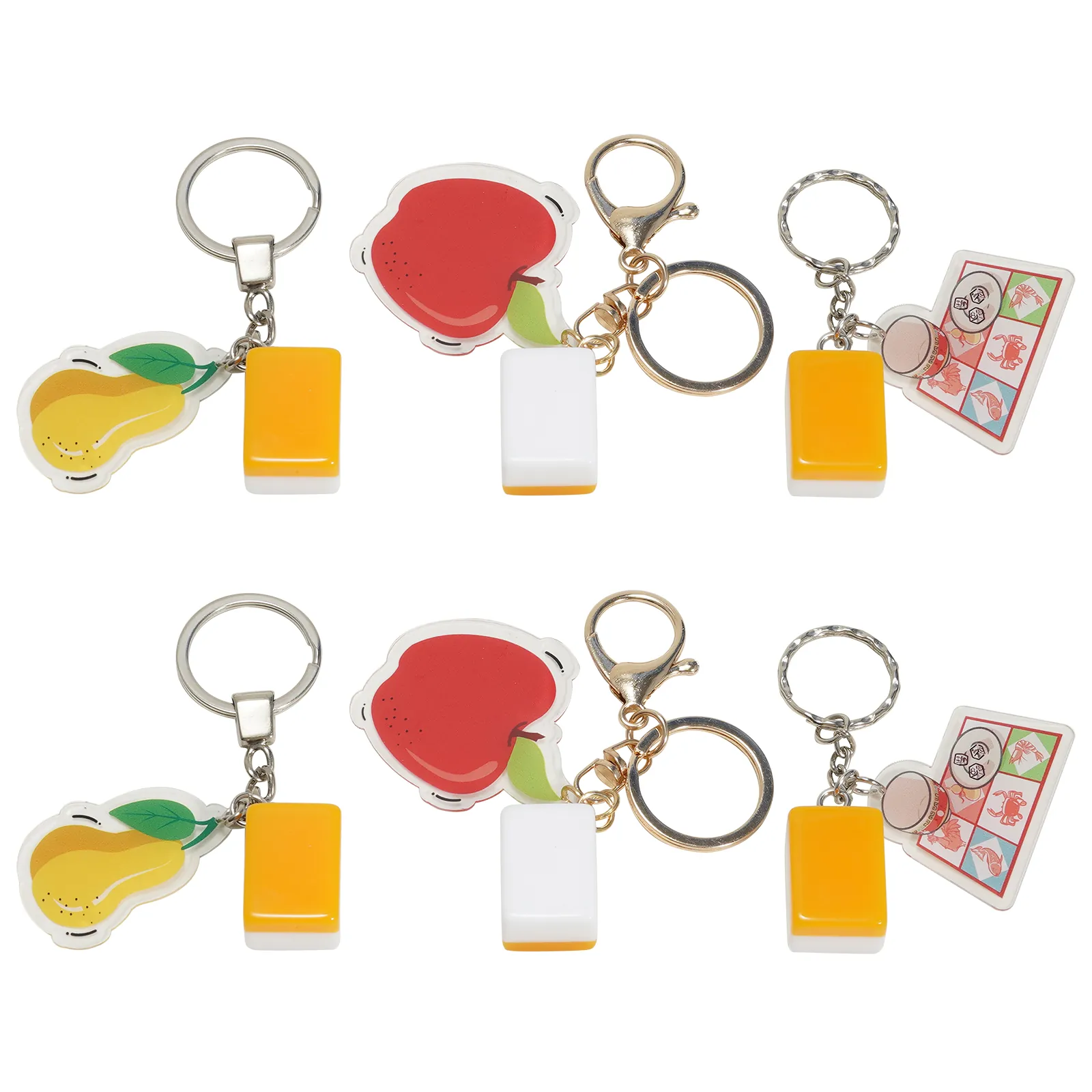 custom mahjong-inspired charm keychain collection showing the pictured design, components and packaging