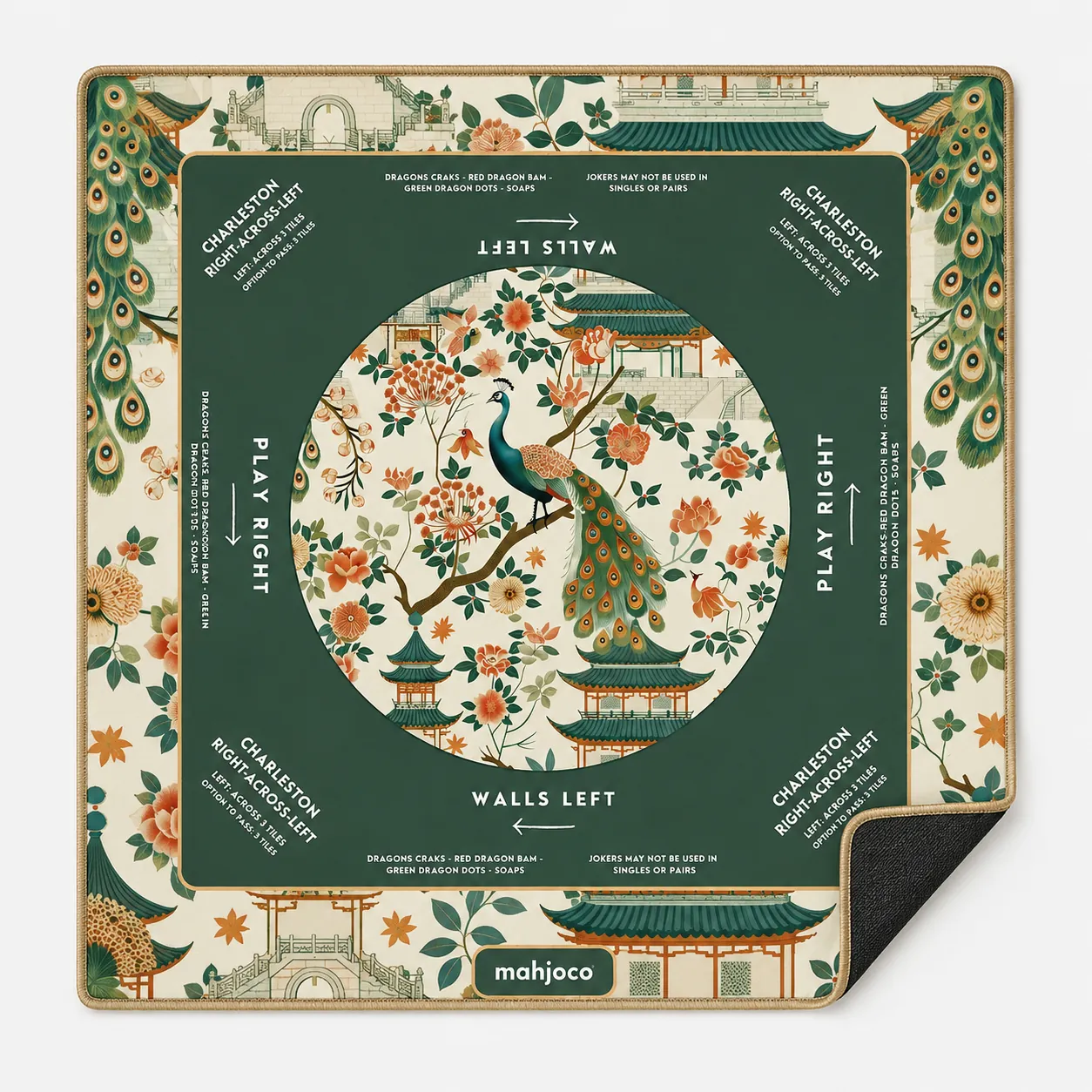 Peacock Illustrated Mahjong Mat with Directional Layout