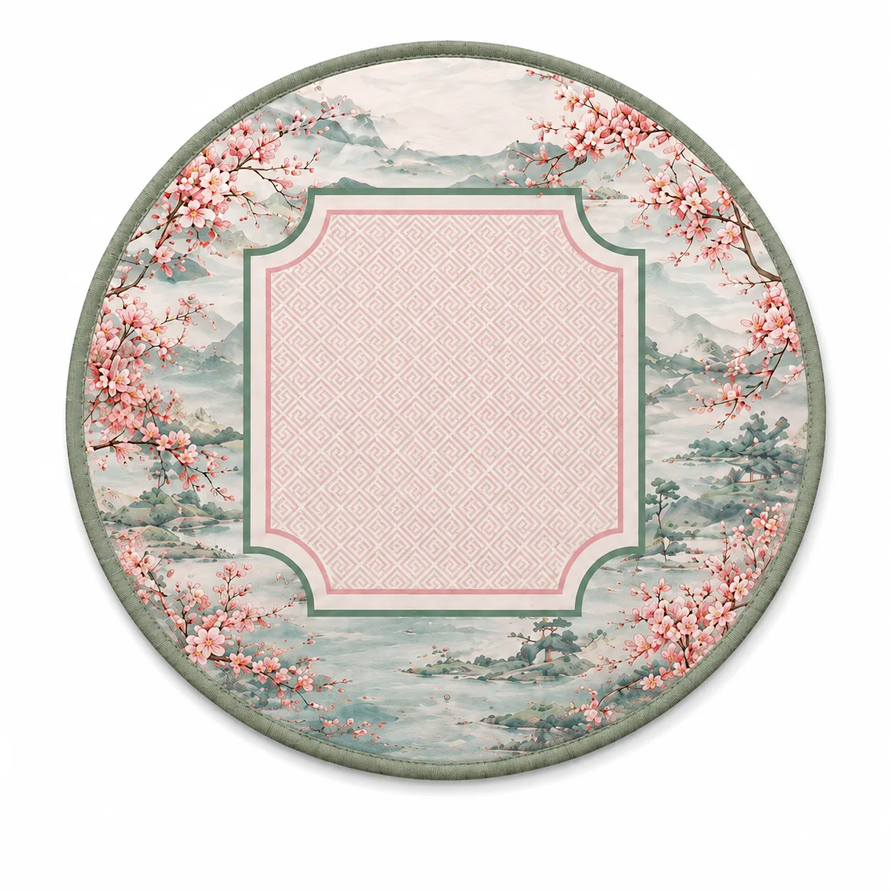 Round Scenic Mahjong Mat with Floral Landscape Design